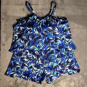 Fit‎ 4 U Women's SZ 26W Blue Tropical Palm Tiered Swimsuit Romper